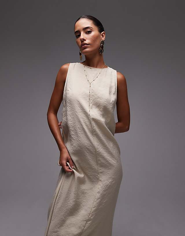 Topshop High Neck Open Back Chuck On Cupro Midi Dress In Buttermilk
