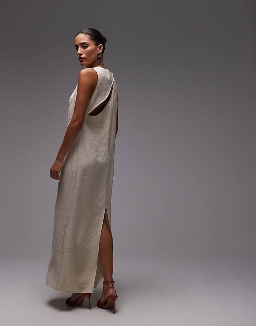 Topshop High Neck Open Back Chuck On Cupro Midi Dress In Buttermilk