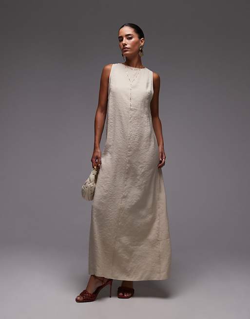 Topshop high neck open back chuck on cupro midi dress in buttermilk