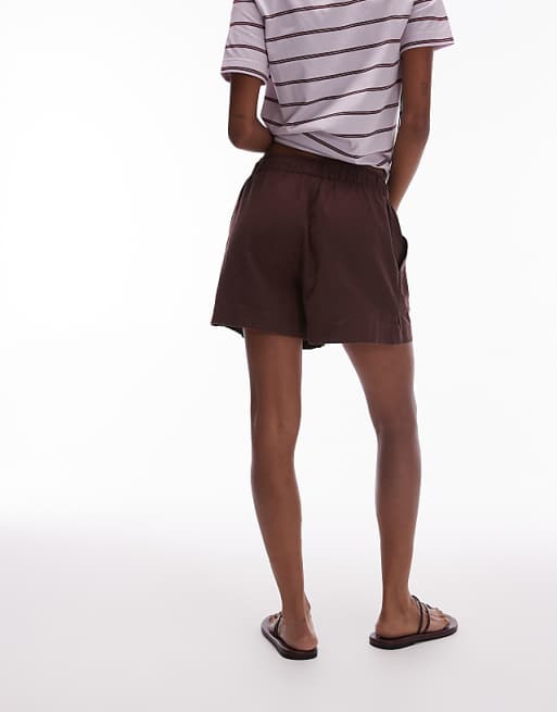 Topshop High Rise Drawcord Linen Shorts In Chocolate