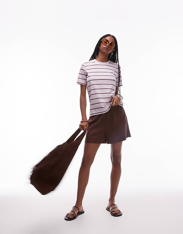 Topshop high rise drawcord linen shorts in chocolate