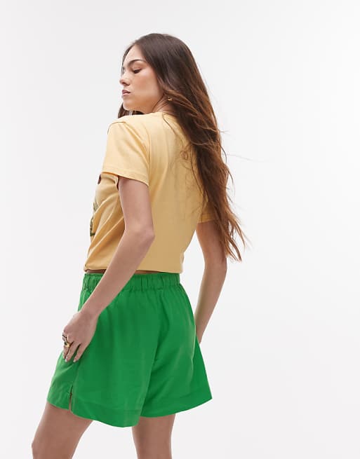Topshop High Rise Drawcord Linen Shorts In Green