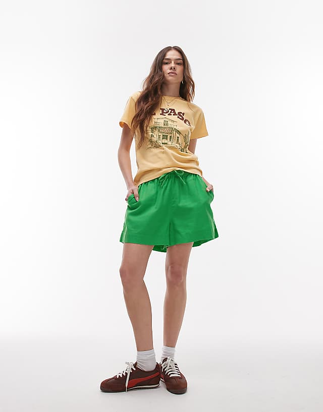 Topshop High Rise Drawcord Linen Shorts In Green