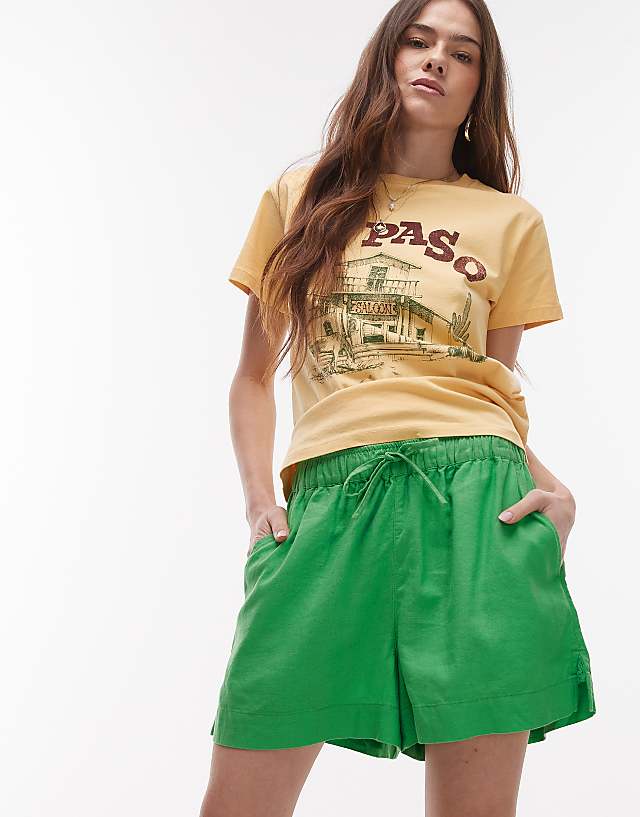 Topshop high rise drawcord linen shorts in green