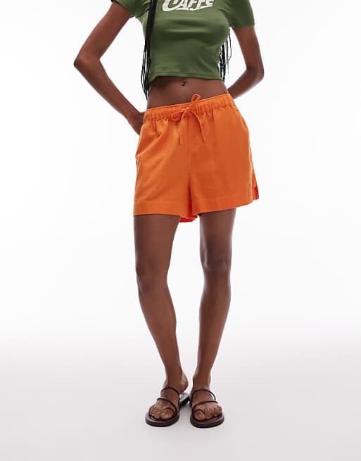 Topshop High Rise Drawcord Linen Shorts In Orange