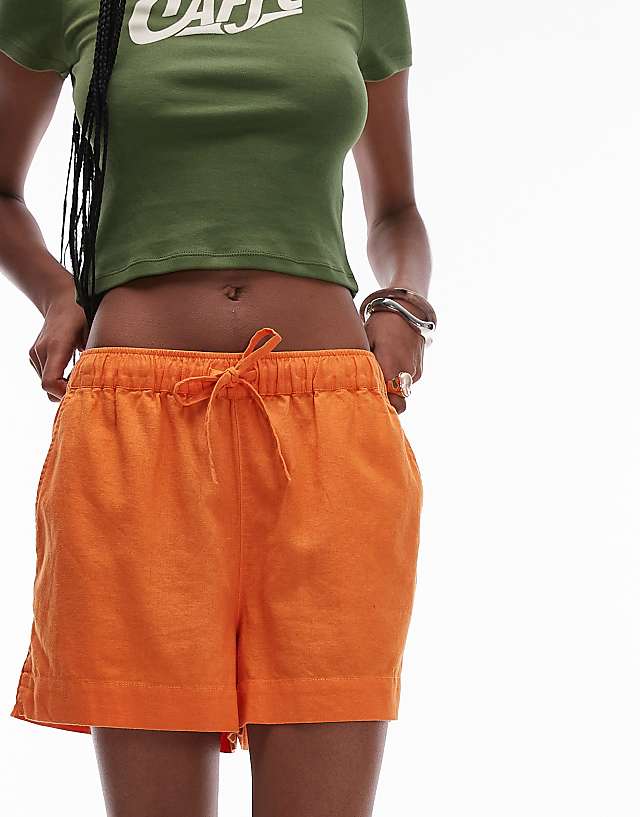 Topshop High Rise Drawcord Linen Shorts In Orange