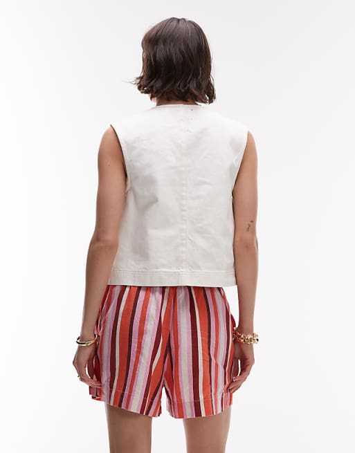 Topshop High Rise Drawcord Linen Shorts In Pink Stripe
