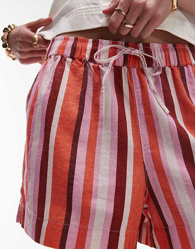 Topshop High Rise Drawcord Linen Shorts In Pink Stripe