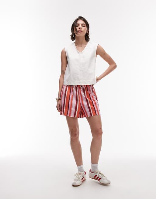Topshop High Rise Drawcord Linen Shorts In Pink Stripe
