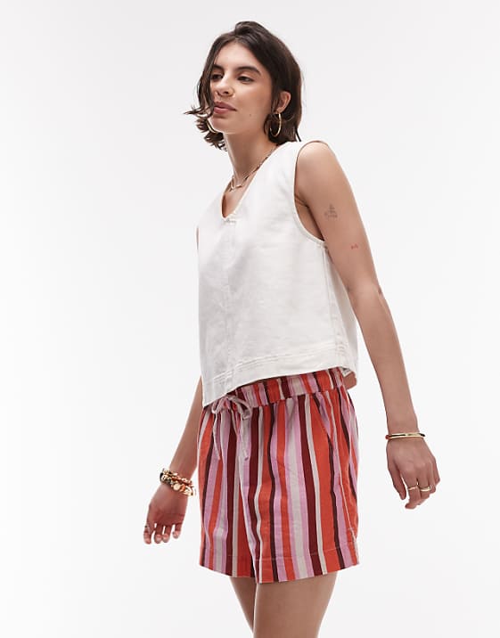 Topshop High Rise Drawcord Linen Shorts In Pink Stripe