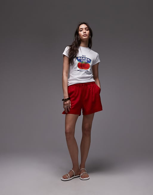 Topshop High Rise Drawcord Linen Shorts In Red
