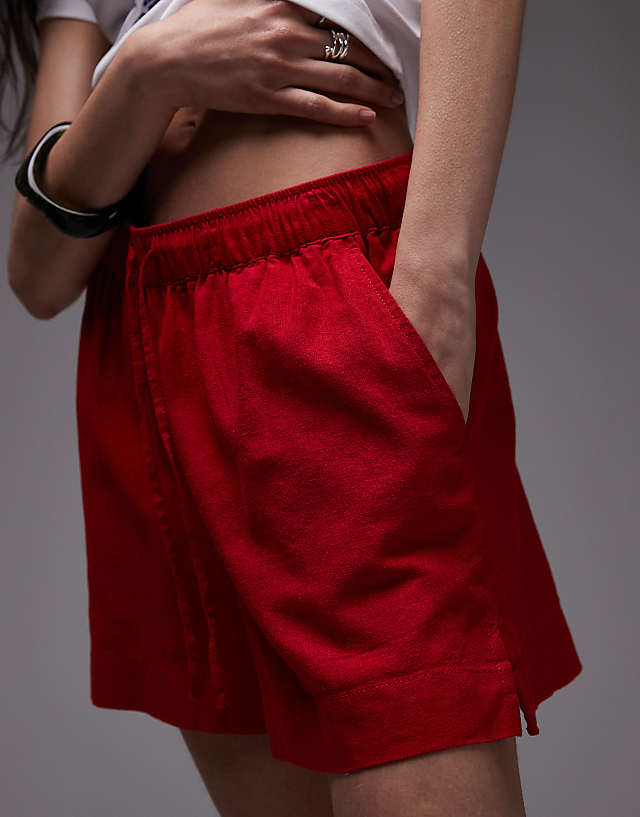 Topshop High Rise Drawcord Linen Shorts In Red