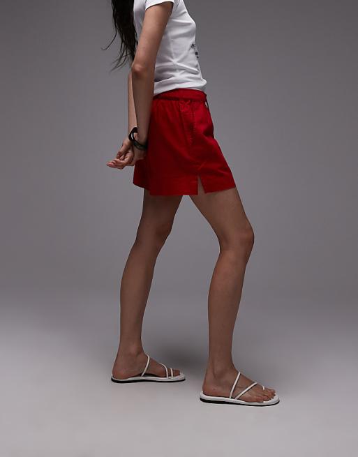 Topshop High Rise Drawcord Linen Shorts In Red