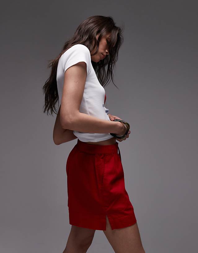 Topshop high rise drawcord linen shorts in red