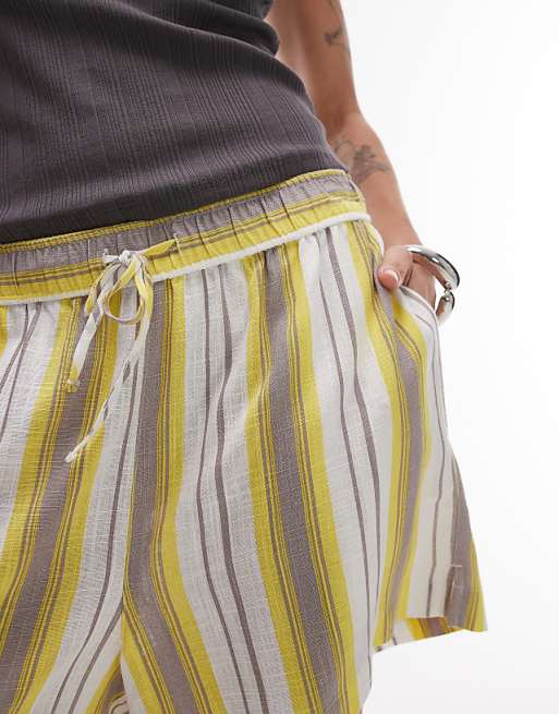 Topshop High Rise Linen Beach Shorts In Yellow Stripe