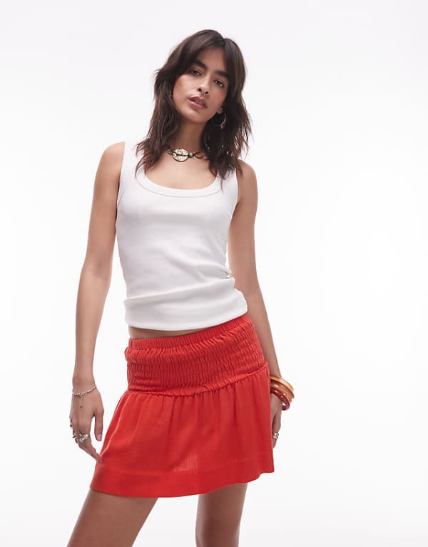 Topshop high rise linen mini skirt with ruched sides in red