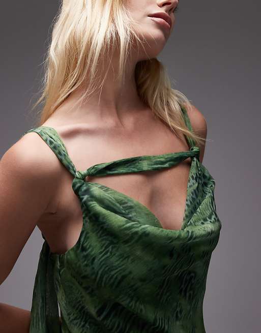 Topshop Knot Neck Deep Cowl Occasion Midi In Green Snake