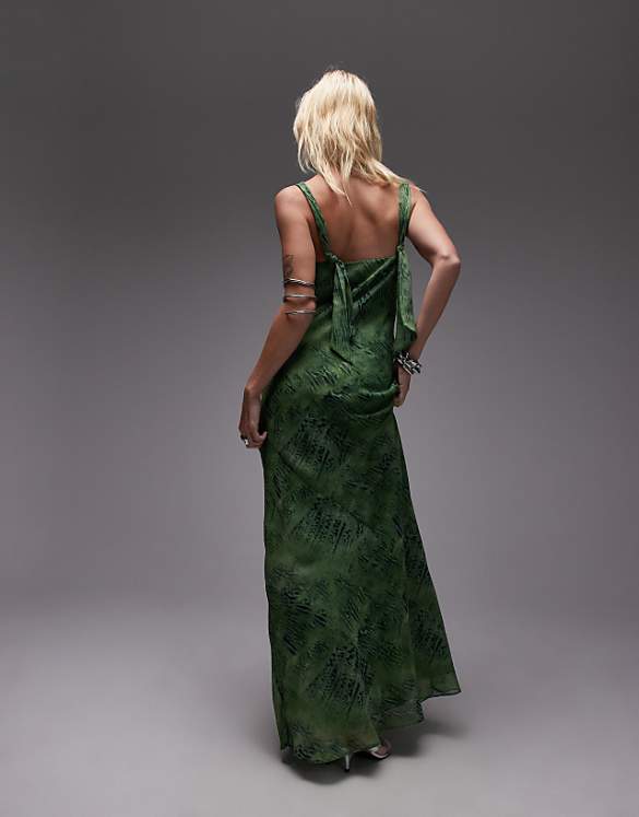 Topshop Knot Neck Deep Cowl Occasion Midi In Green Snake