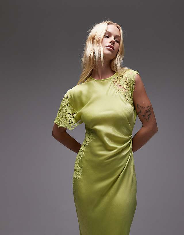 Topshop Lace Insert Grown On Shoulder Midi Dress In Lime