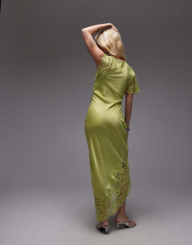 Topshop Lace Insert Grown On Shoulder Midi Dress In Lime