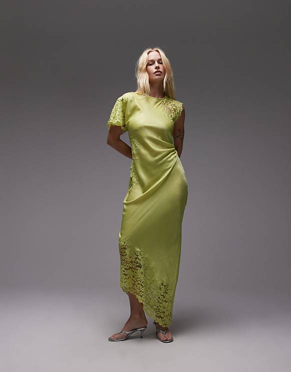 Topshop Lace Insert Grown On Shoulder Midi Dress In Lime