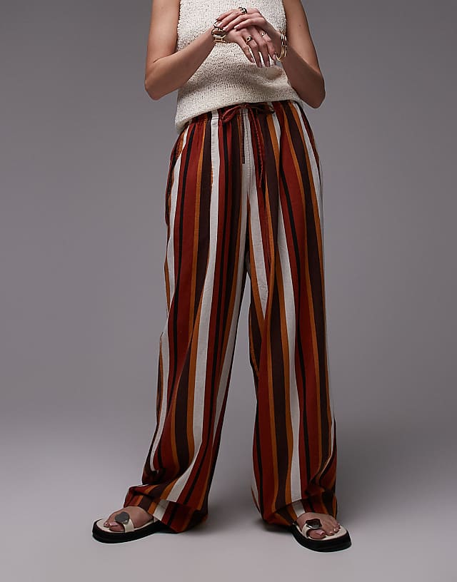 Topshop Linen Balloon Trouser In Chocolate Stripe