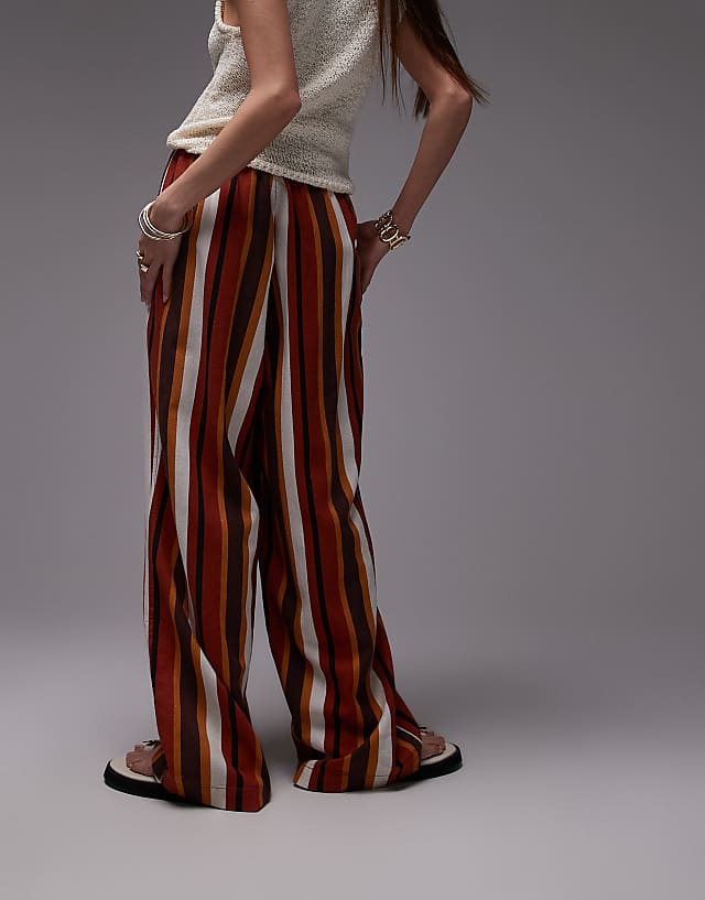 Topshop Linen Balloon Trouser In Chocolate Stripe