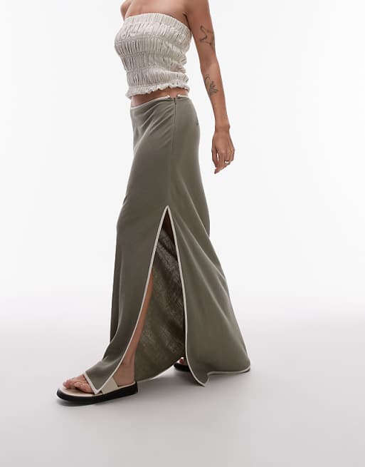 Topshop Linen Bias Maxi Skirt In Green With Contrast Piping