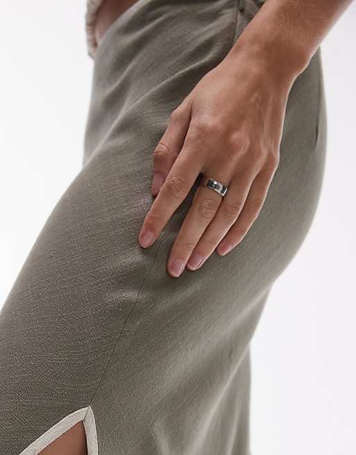 Topshop Linen Bias Maxi Skirt In Green With Contrast Piping