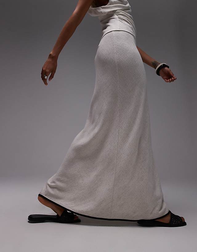 Topshop Linen Bias Maxi Skirt In Natural With Black Piping
