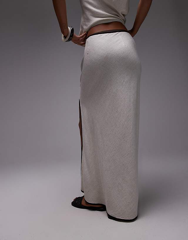 Topshop Linen Bias Maxi Skirt In Natural With Black Piping