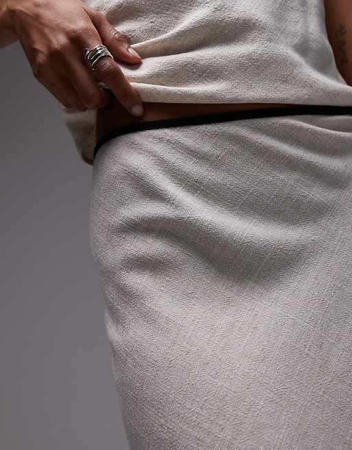 Topshop Linen Bias Maxi Skirt In Natural With Black Piping