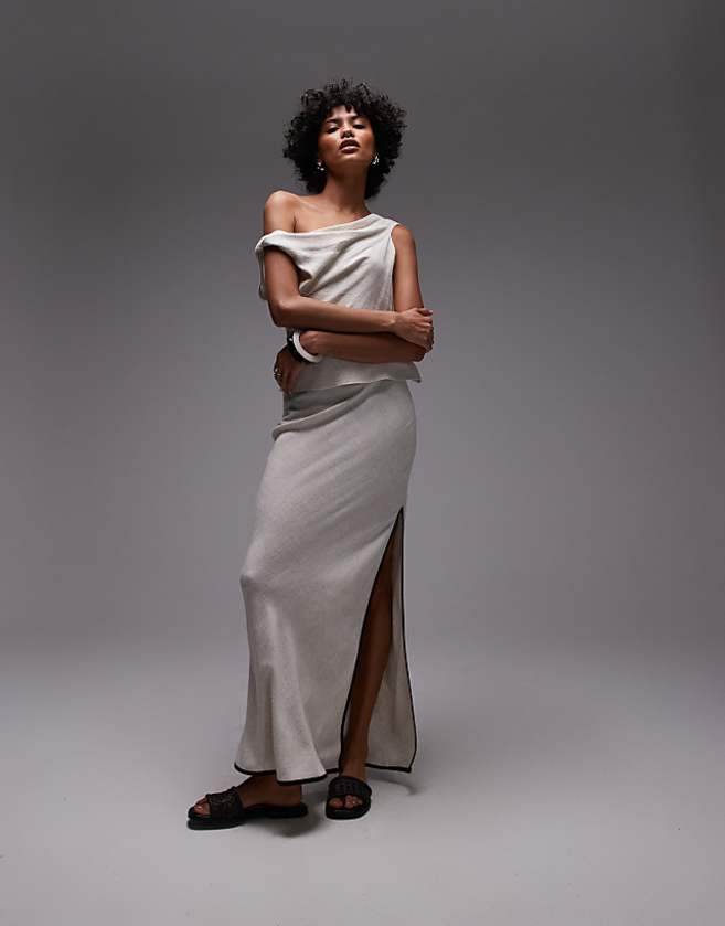 Topshop linen bias maxi skirt in natural with black piping