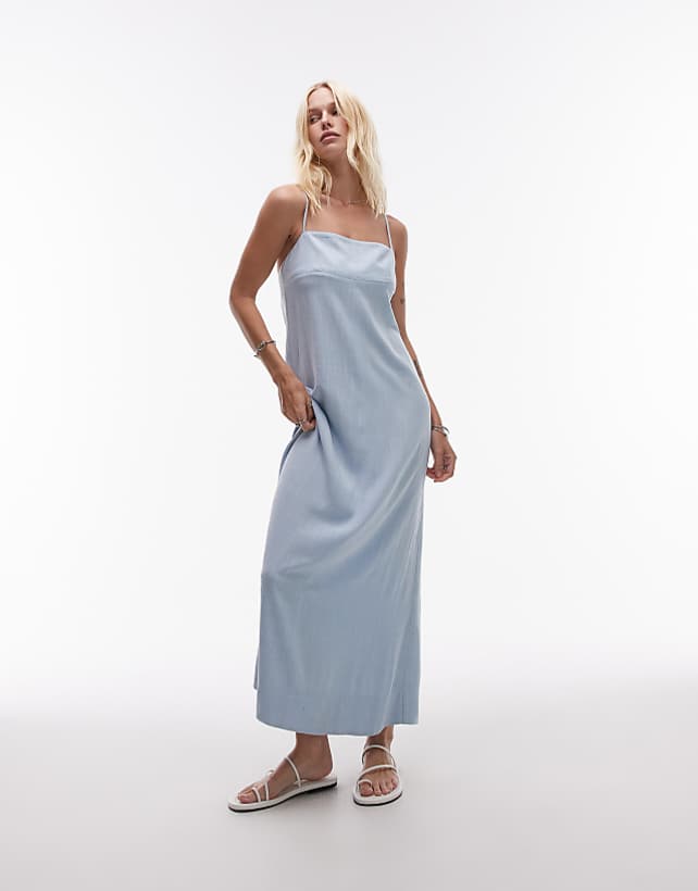 Topshop linen cami strap midi dress in pale blue