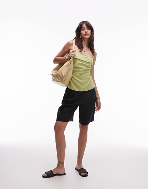 Topshop Linen Fold Over Bandeau In Pistachio Green