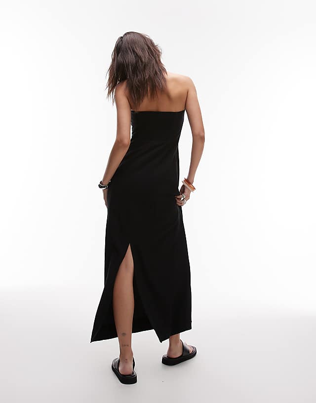 Topshop Linen Heavy Seamed Bandeau Midi Dress In Black