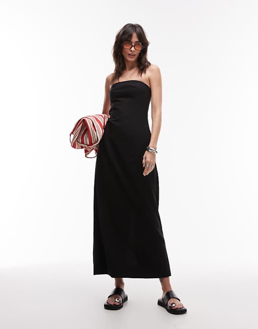 Topshop linen heavy seamed bandeau midi dress in black