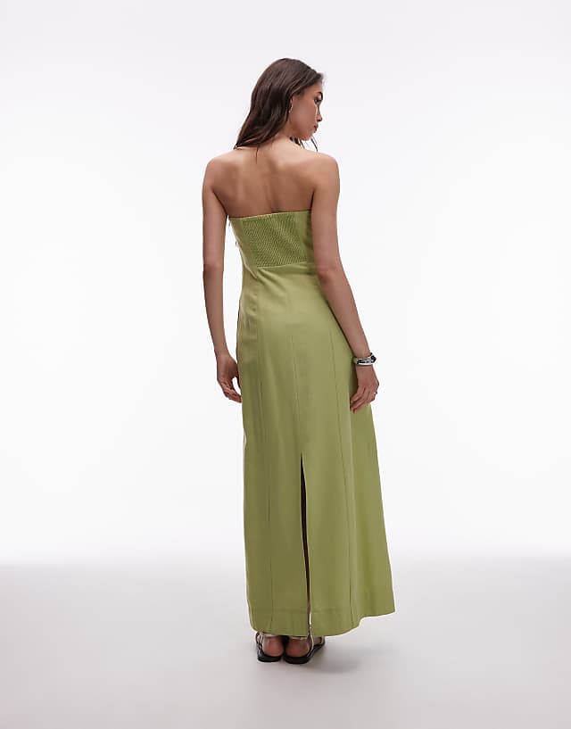 Topshop Linen Heavy Seamed Bandeau Midi In Pistachio Green