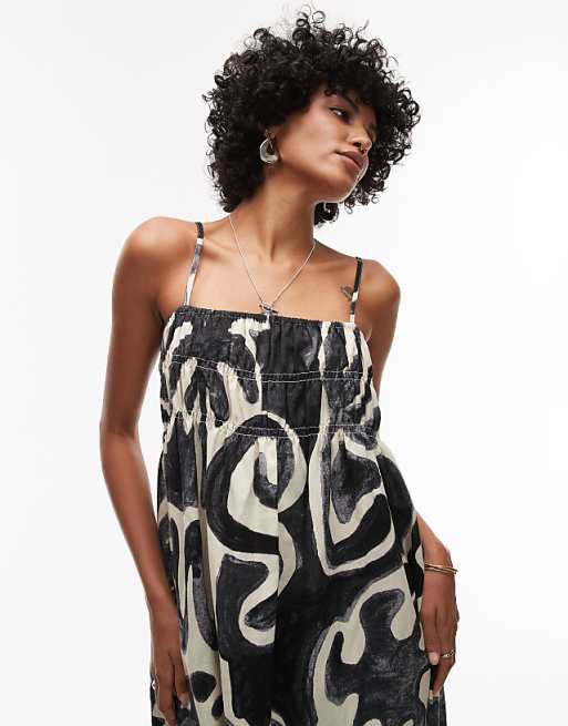 Topshop Linen Look Shirred Bust Chuck On Midi Dress In Black Mono Print