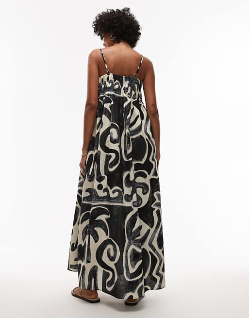 Topshop Linen Look Shirred Bust Chuck On Midi Dress In Black Mono Print