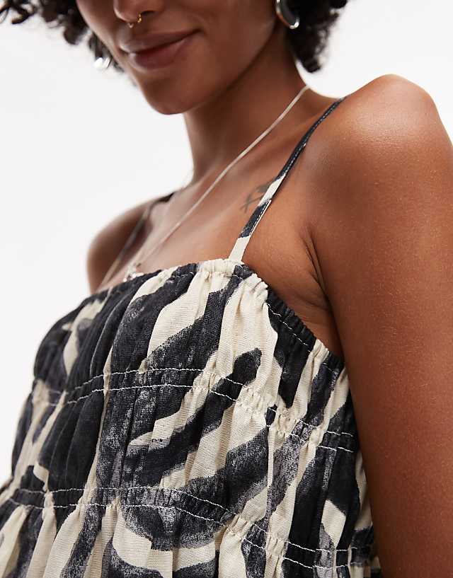 Topshop Linen Look Shirred Bust Chuck On Midi Dress In Black Mono Print