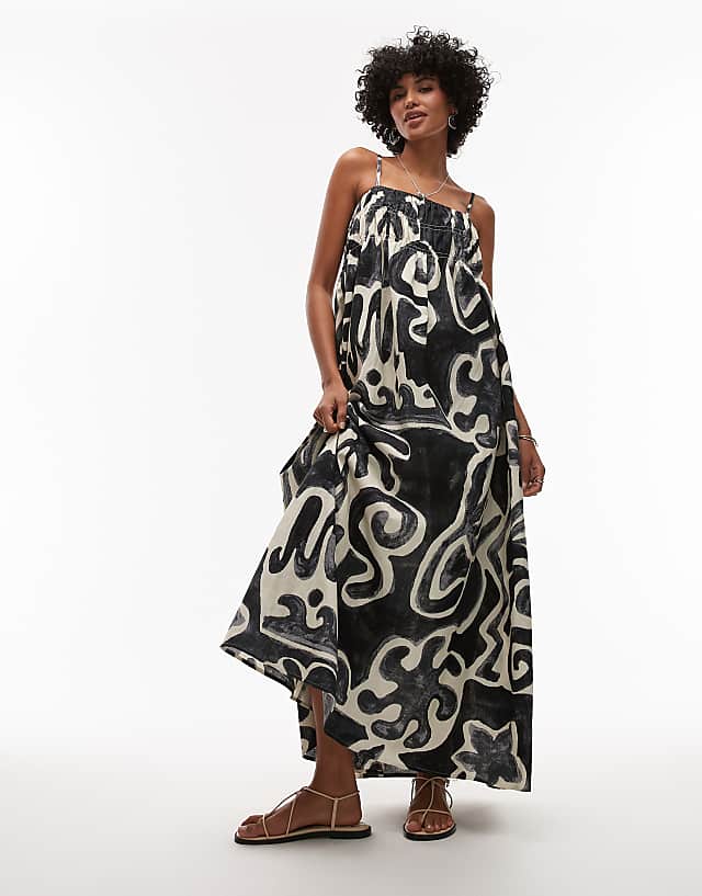 Topshop linen look shirred bust chuck on midi dress in black mono print