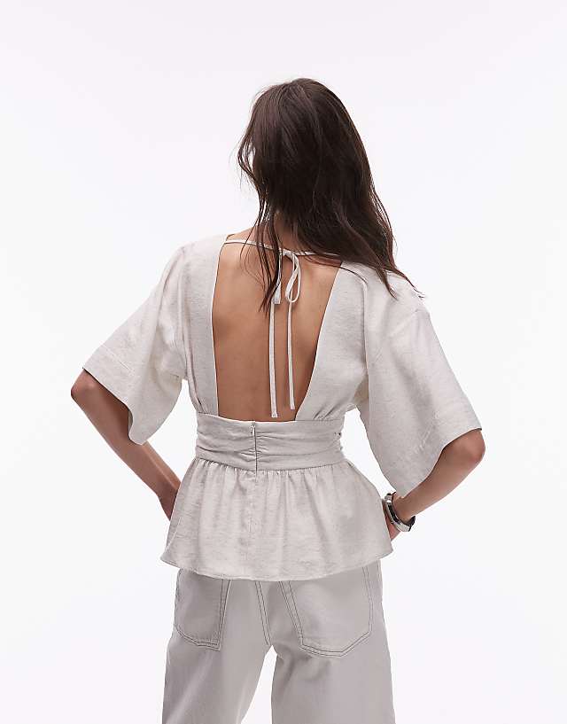 Topshop Linen Low Back Dropped Waist Top In Natural