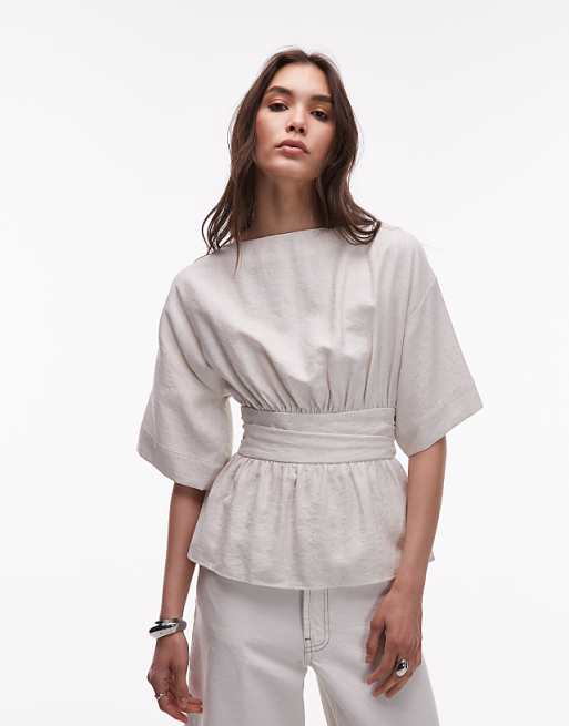 Topshop Linen Low Back Dropped Waist Top In Natural