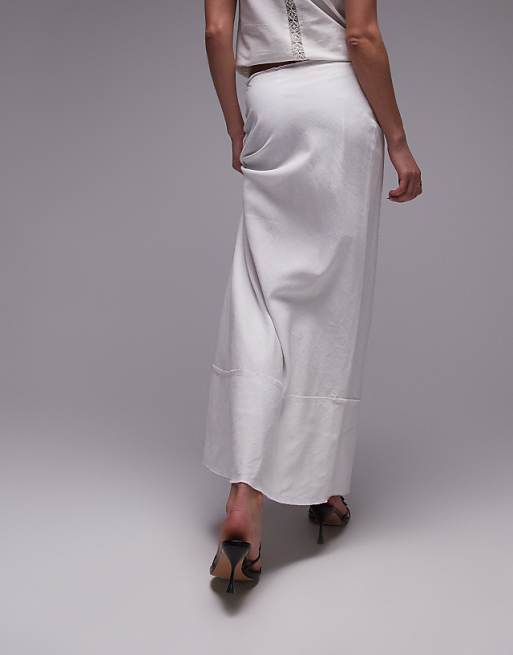 Topshop Linen Raw Edge Trim Bias Maxi Skirt In White