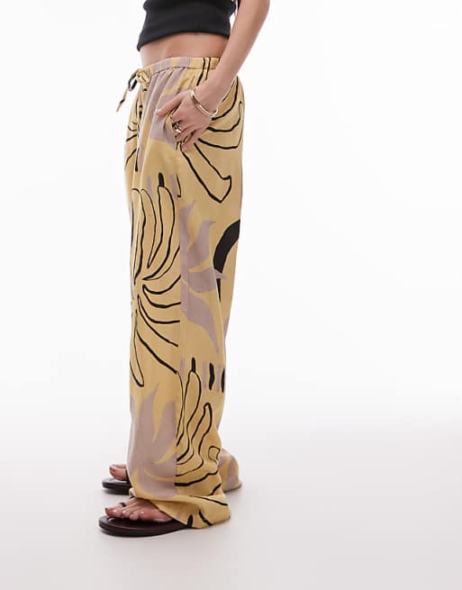 Topshop Linen Straight Leg Buttermilk Abstract Print Trouser In Mono