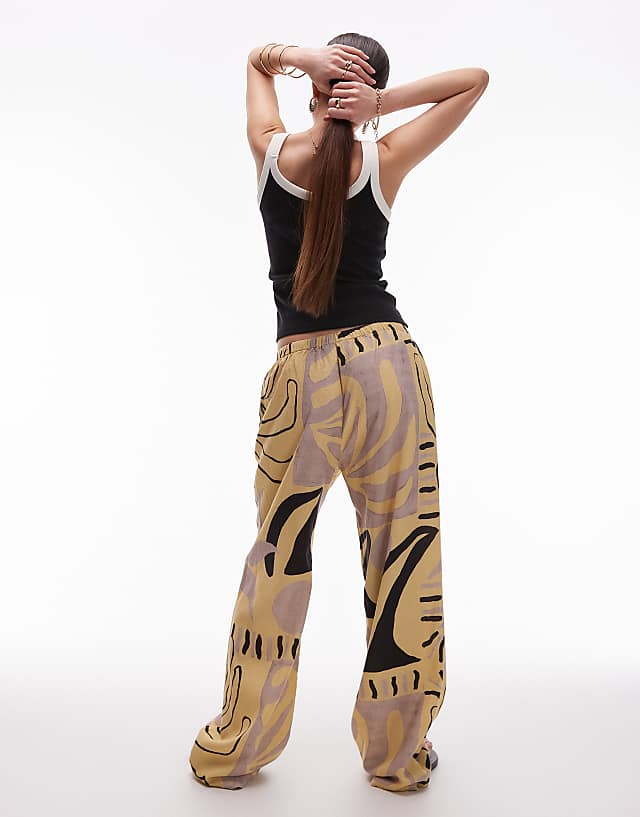 Topshop Linen Straight Leg Buttermilk Abstract Print Trouser In Mono