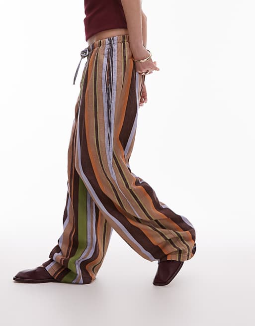 Topshop Linen Straight Leg Trouser In Brown Stripe
