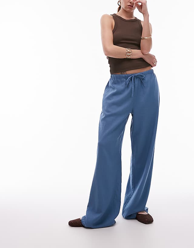 Topshop Linen Straight Leg Trouser In Denim Blue
