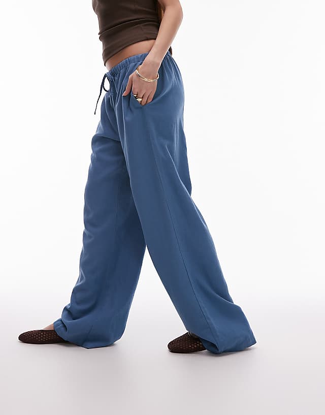 Topshop linen straight leg trouser in denim blue